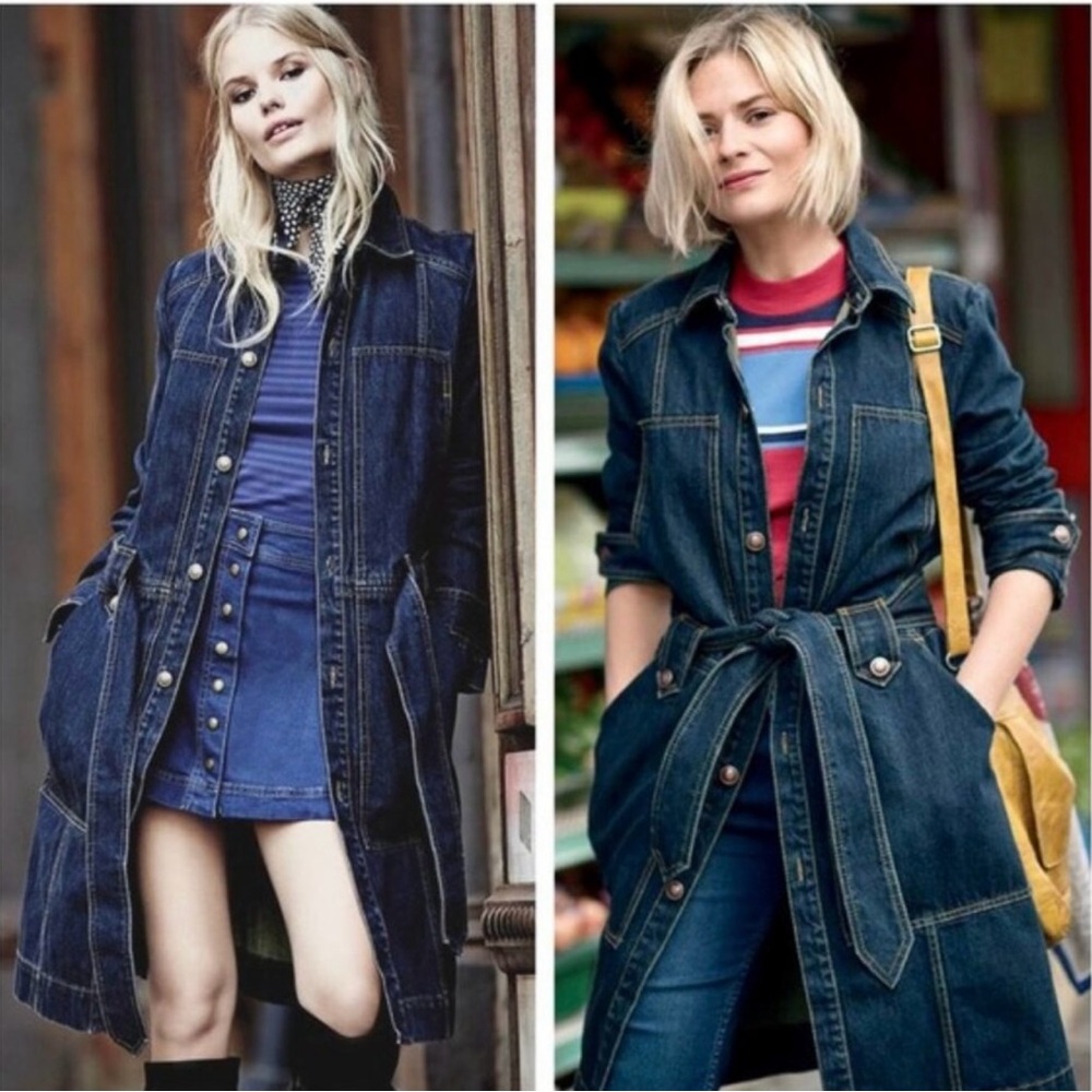Free People belted denim trench coat or duster structured denim jean jacket